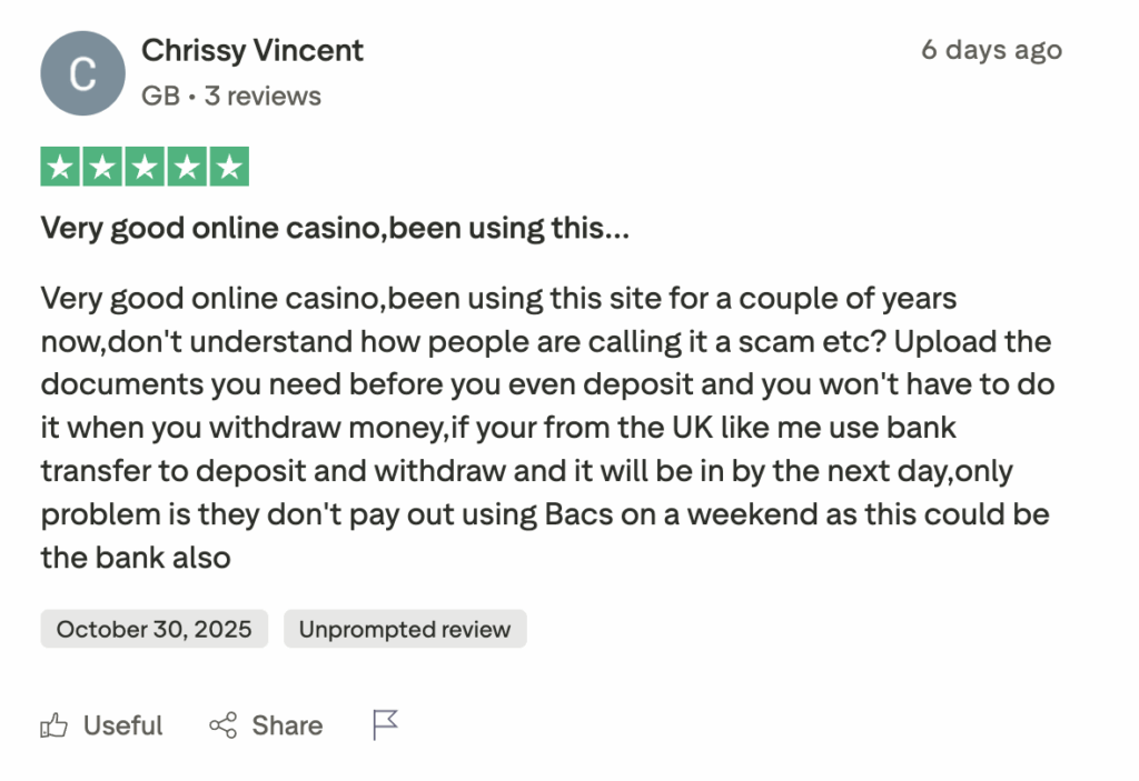 Positive Trustpilot review praising online casino reliability and fast withdrawals
