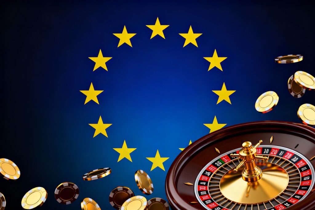 European casinos that bypass Gamstop - Dark blue gradient background with scattered golden casino chips, roulette wheel, and European Union flag stars pattern, professional elegant banner no text